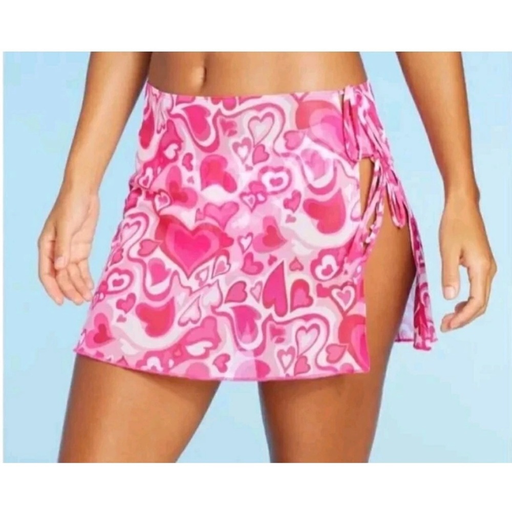 Wild Fable Women's Mesh Side Tie Cover Up Skirt Pink Heart
Print